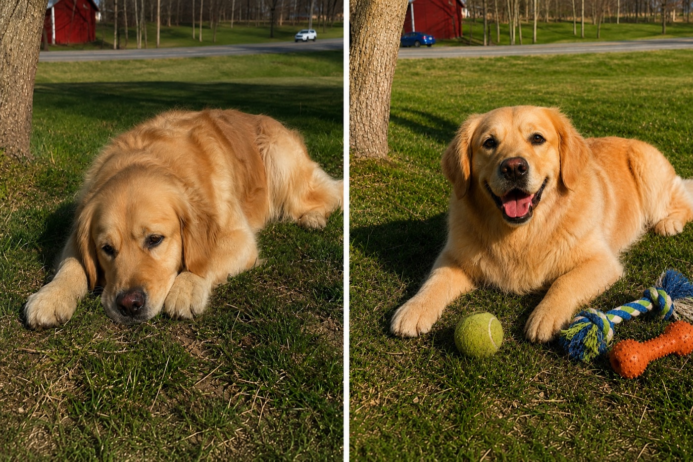 The same dog on a low-energy day and on an alert, playful day